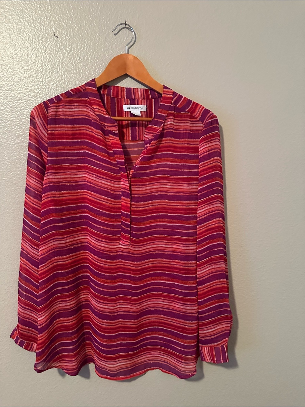 Liz Claiborne Striped Split-Neck Blouse - Magenta Multi